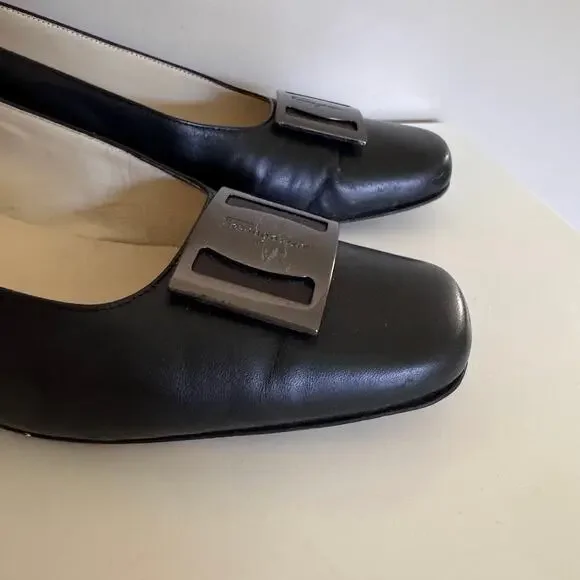 Salvatore Ferragamo Black Leather Nero Nappa Kid Pump Block Heels Italy 8.5 - Picture 9 of 12